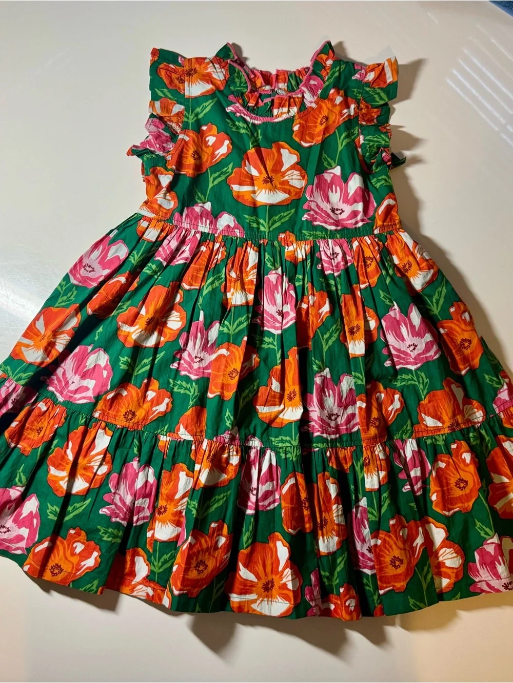 Pink Chicken Green Floral Tiered Jennifer Dress with Orange & Pink Blooms